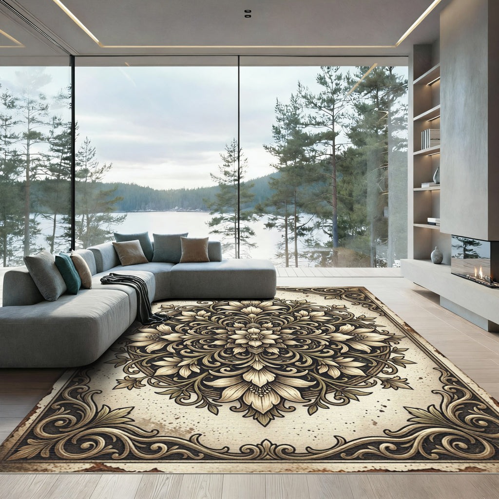 Vintage Cream Floral Damask Medallion Rug