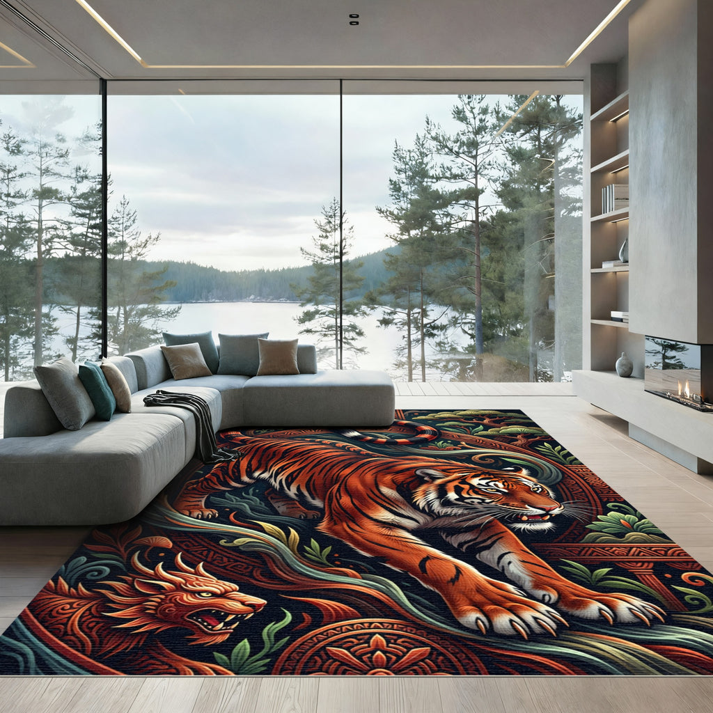 Crimson Tiger Mythical Dragon Forest Rug