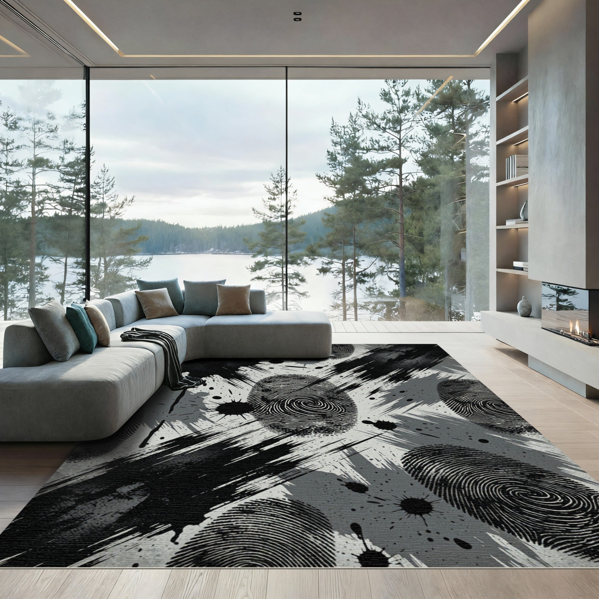 Monochrome Abstract Ink Splattered Fingerprint Rug