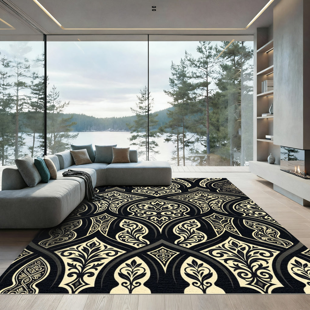 Elegant Black and Cream Damask Scroll Rug