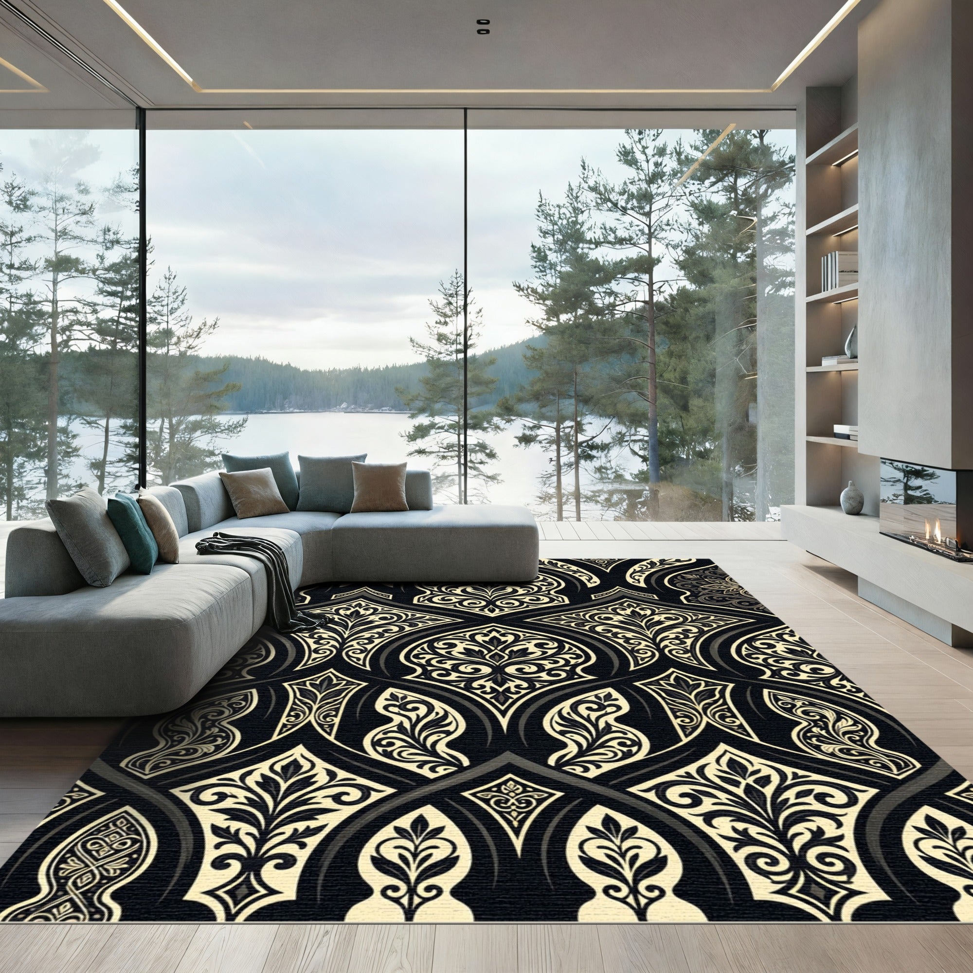 Elegant Black and Cream Damask Scroll Rug