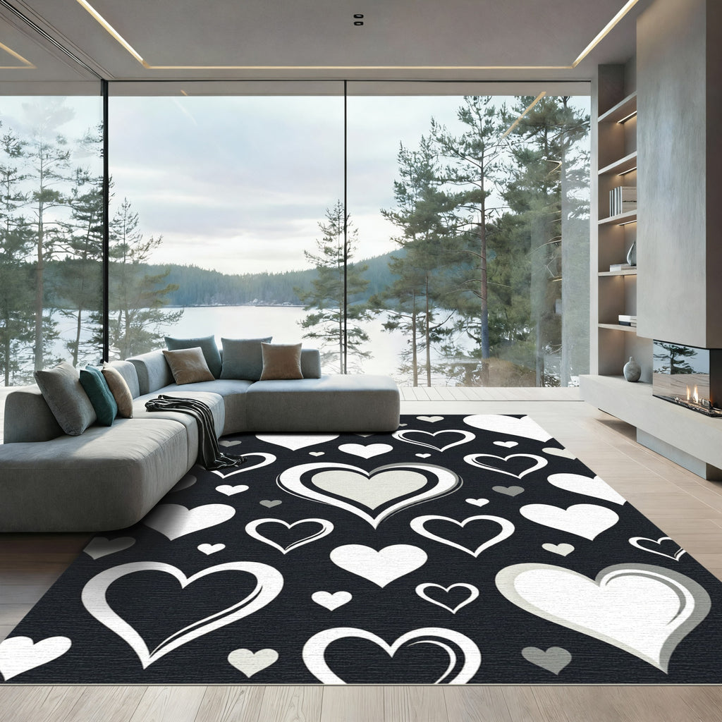 Monochrome Heart Collage Black White Art Rug