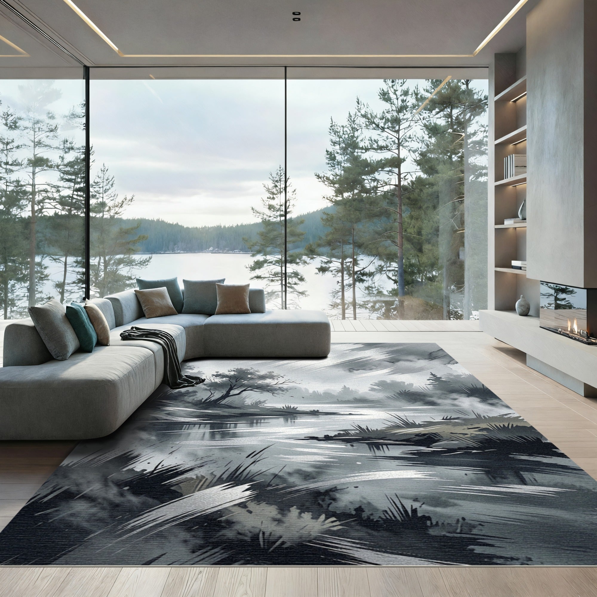 Monochrome Misty Forest River Landscape Rug