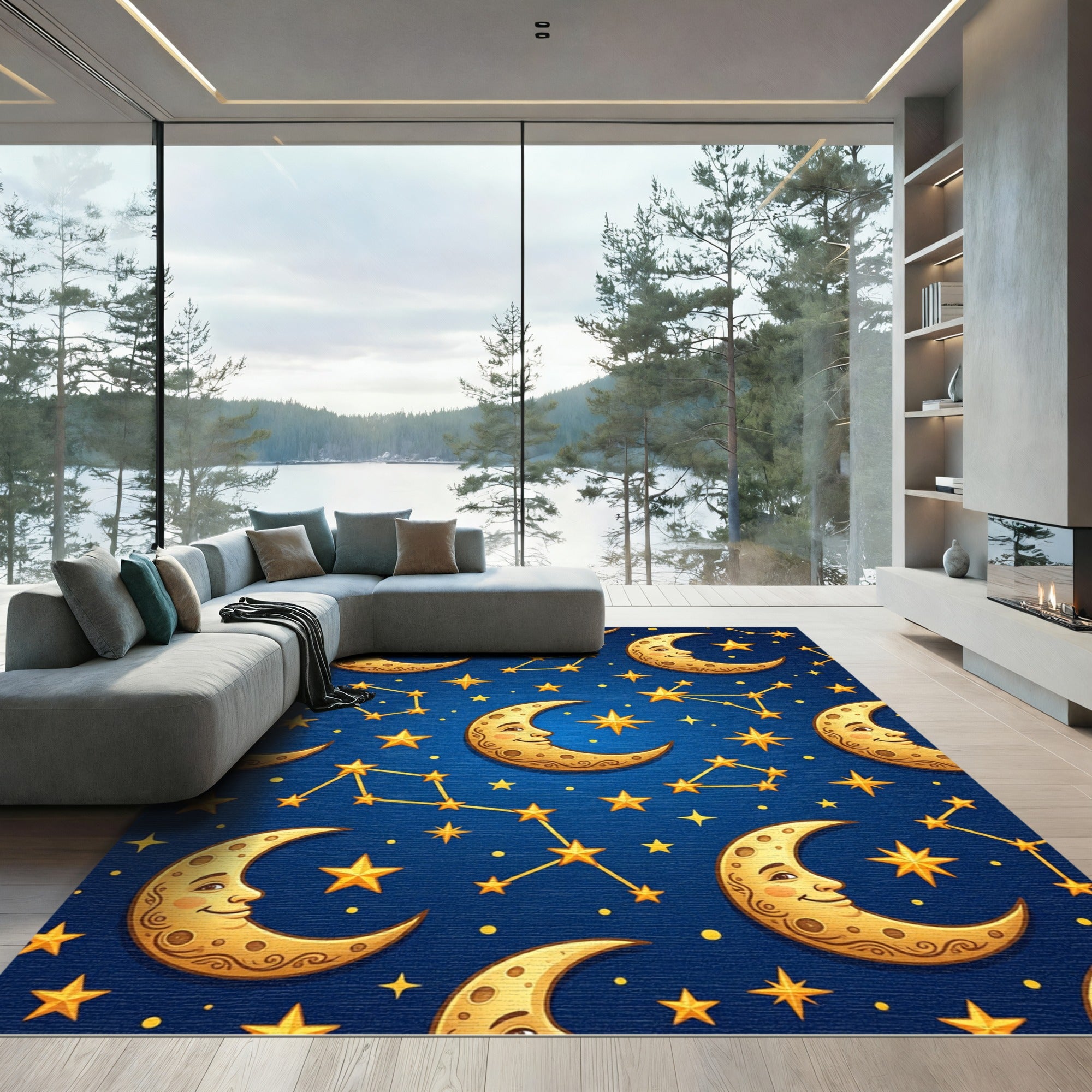 Whimsical Celestial Crescent Moon Night Sky Rug