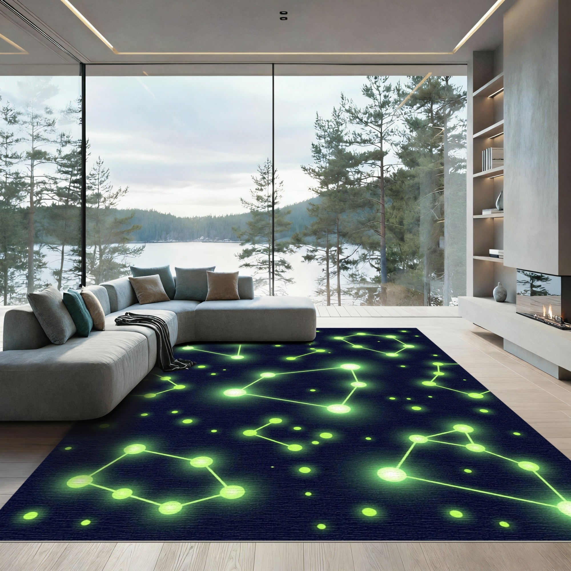Neon Green Star Constellation Night Rug