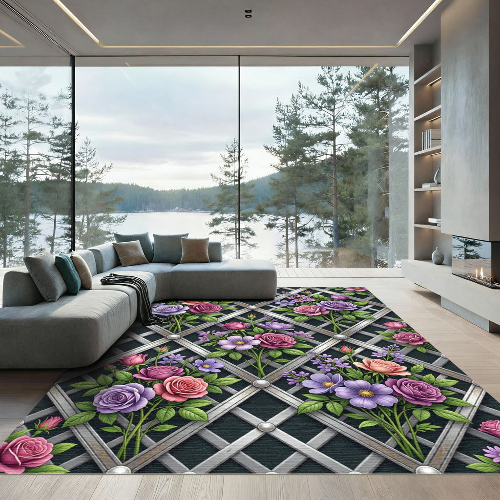 Pink Purple Rose Trellis Garden Rug