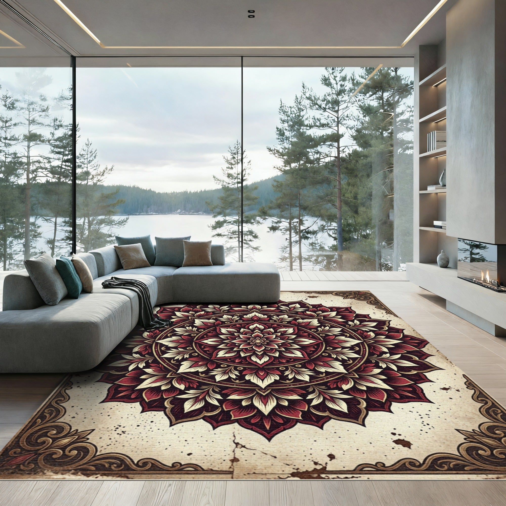 Crimson Floral Mandala Circular Medallion Rug
