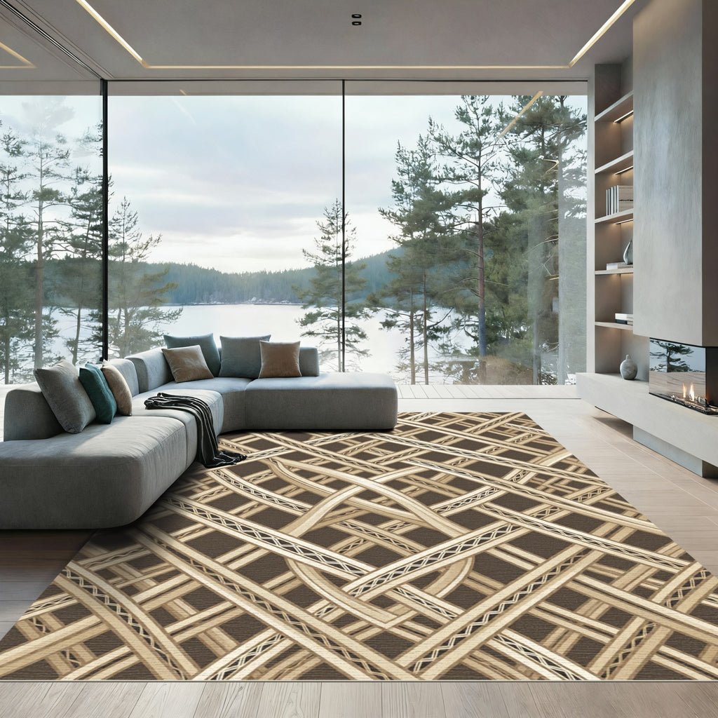 Brown and Beige Intertwined Geometric Weave Rug