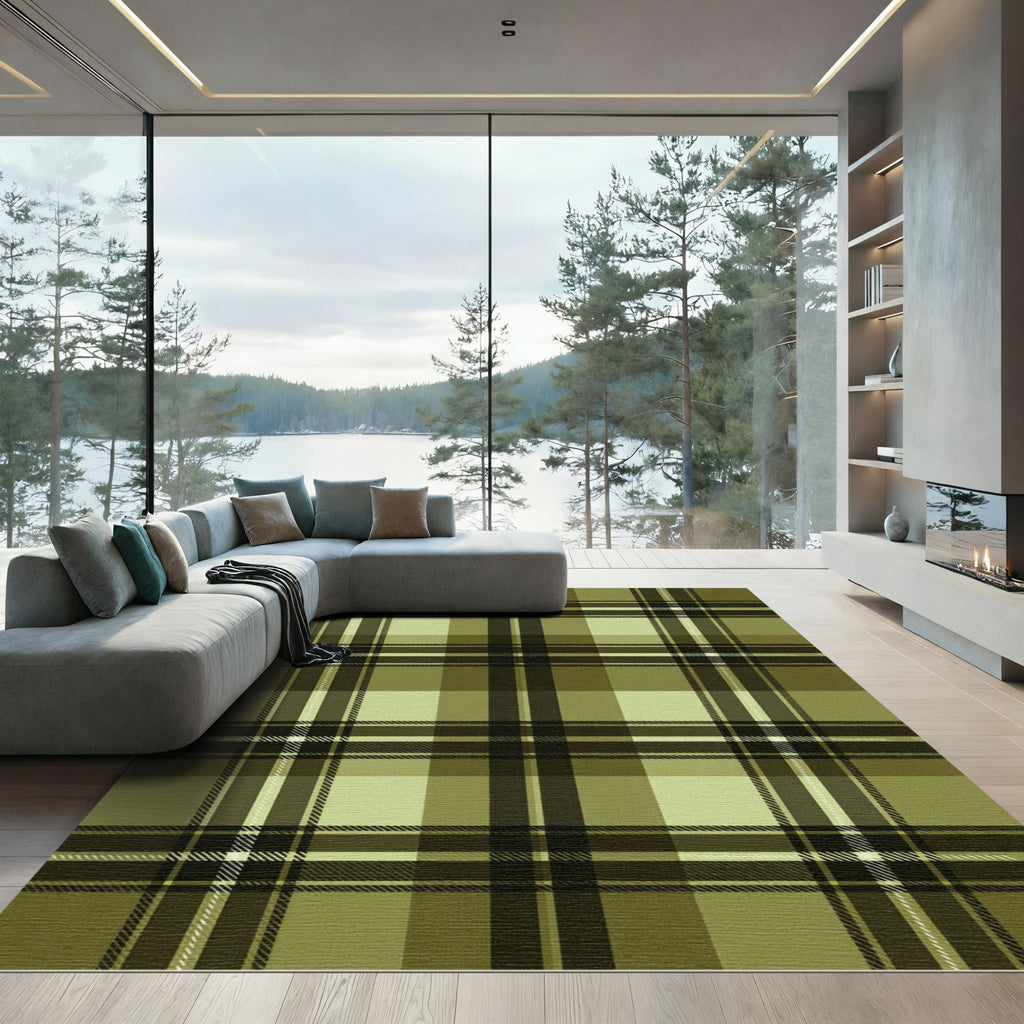 Classic Olive Plaid Tartan Check Rug