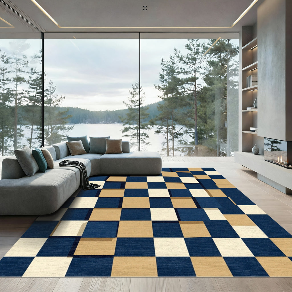 Dimensional Navy and Sand Geometric Squares Rug