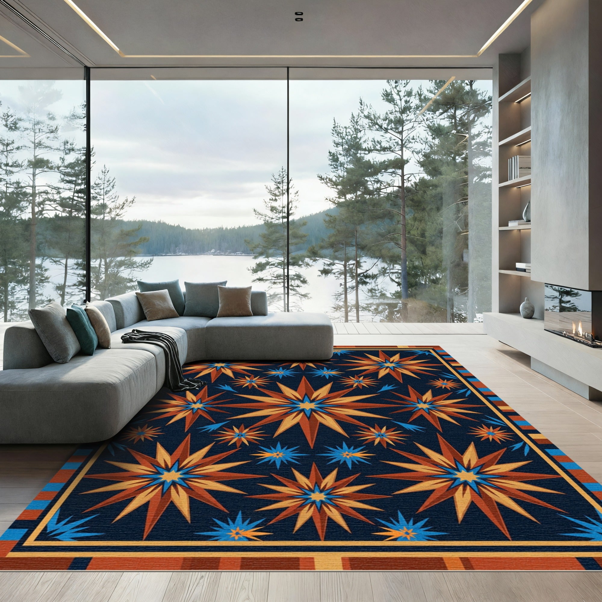 Celestial Navy Earth Tone Starburst Rug