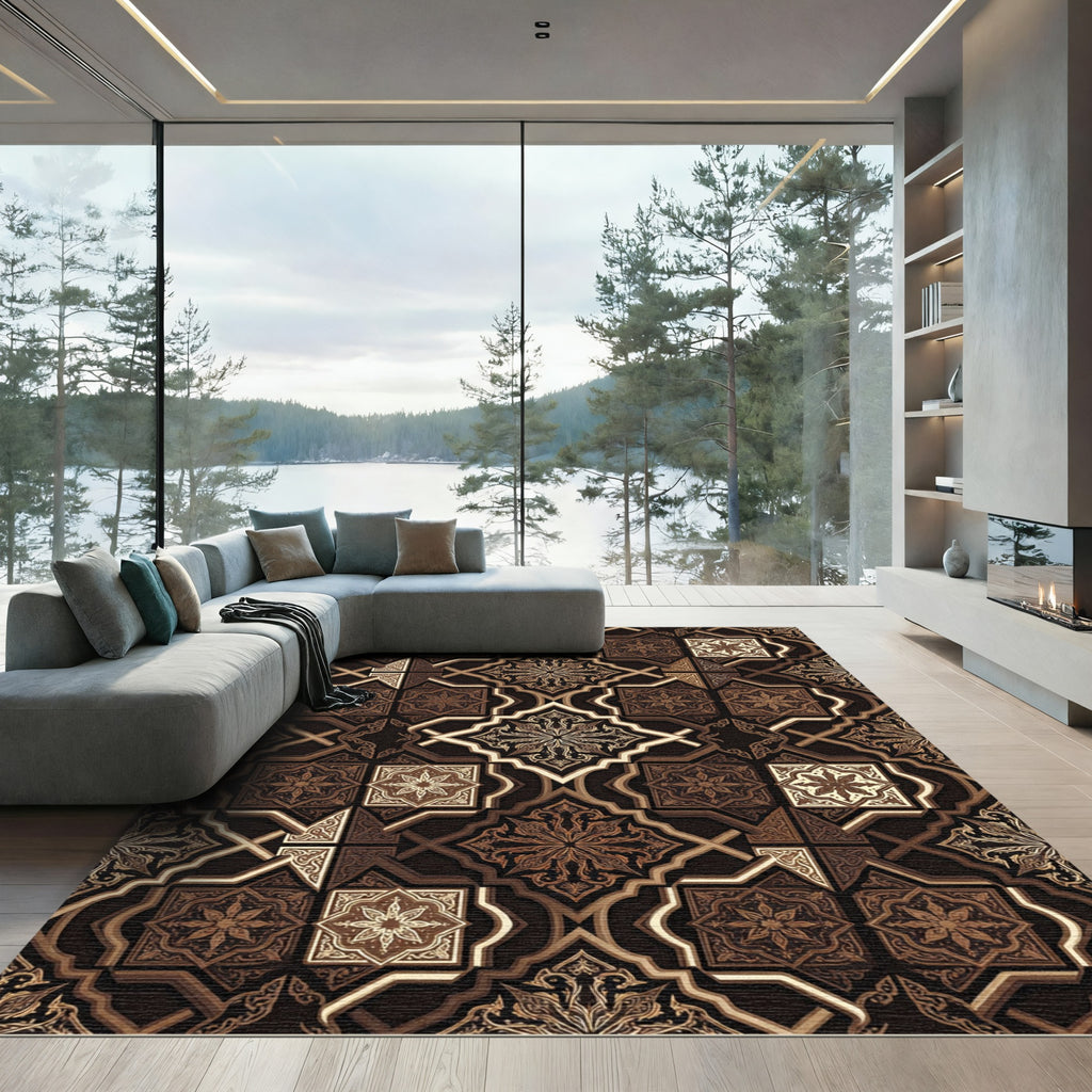 Rich Brown Geometric Arabesque Medallion Rug