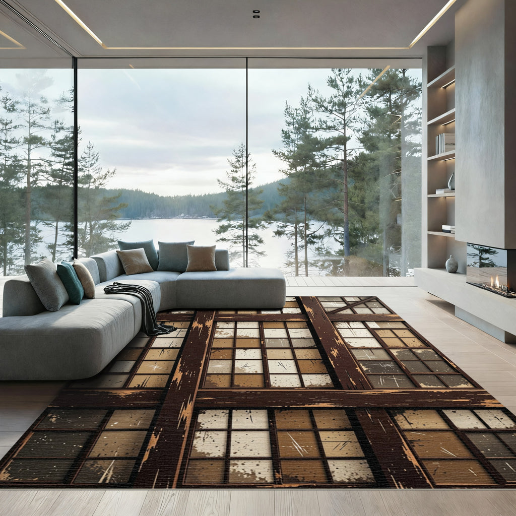 Distressed Dark Wood Paned Window Rug