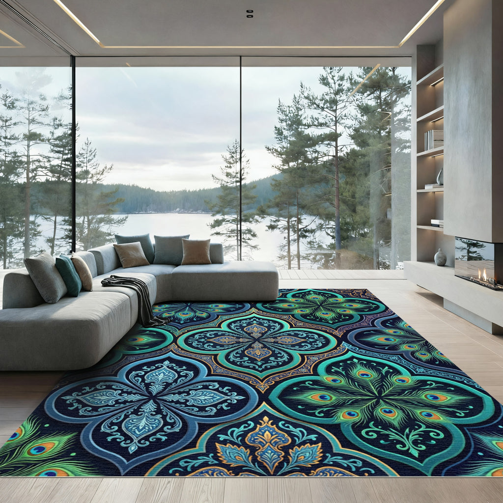 Teal Peacock Feather Ornate Medallion Rug