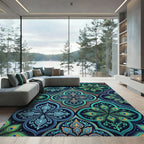 Teal Peacock Feather Ornate Medallion Rug