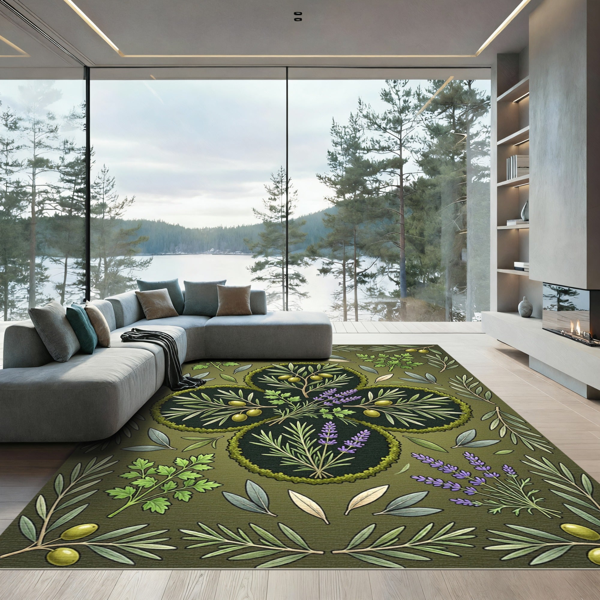 Botanical Olive Herbaceous Medallion Green Rug
