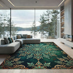 Elegant Teal Gold Floral Mandala Rug