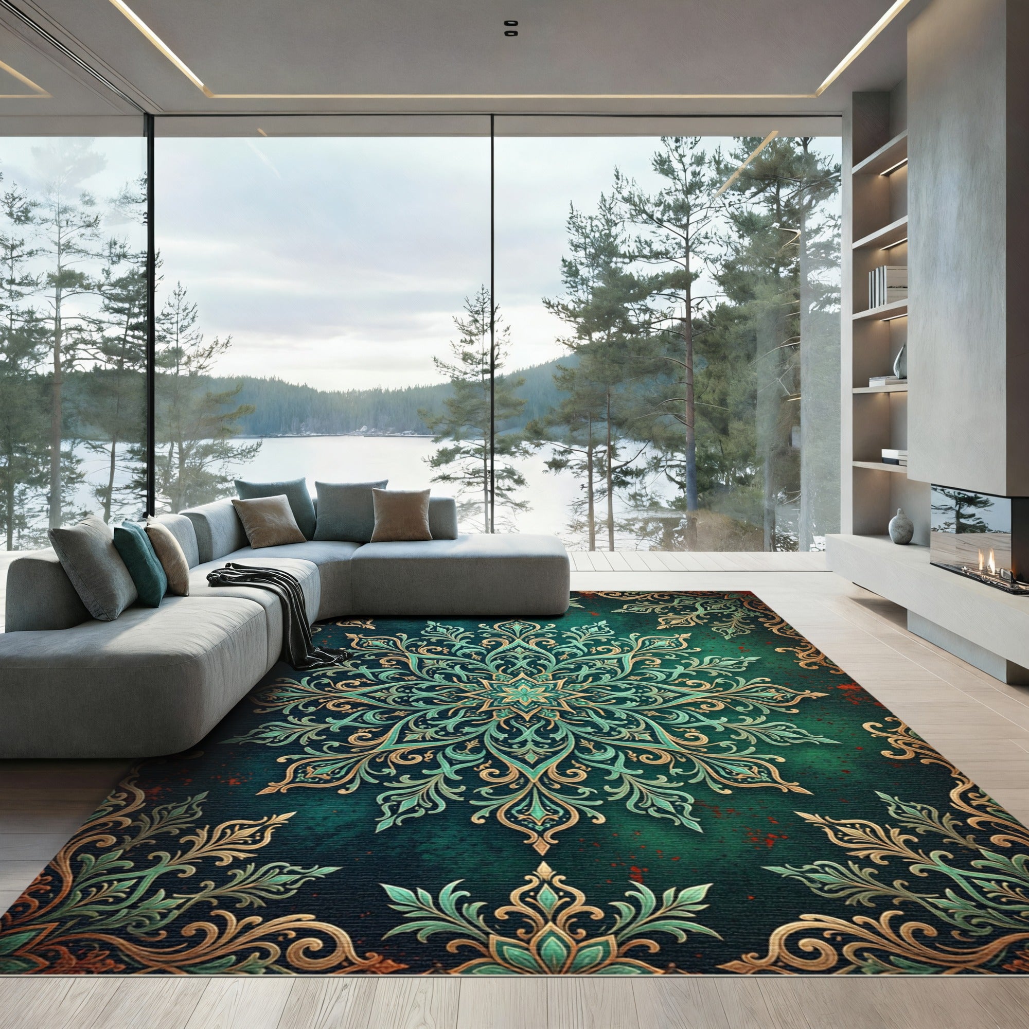 Elegant Teal Gold Floral Mandala Rug