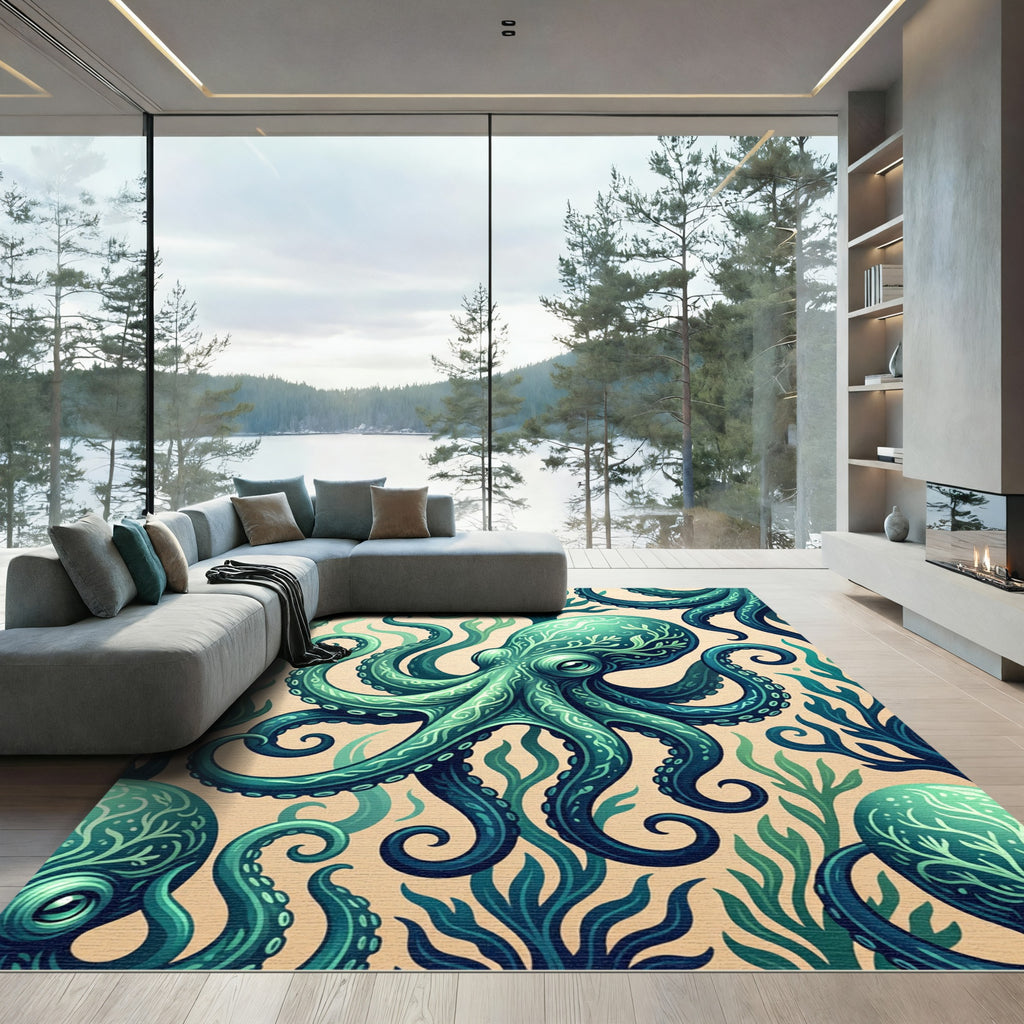 Teal Octopus with Marine Kelp Art Rug