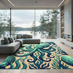 Teal Octopus with Marine Kelp Art Rug