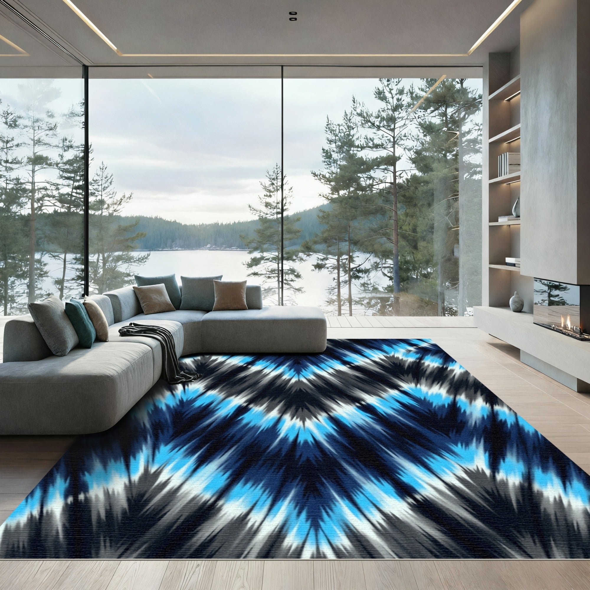 Electric Blue Grey Chevron Ikat Rug