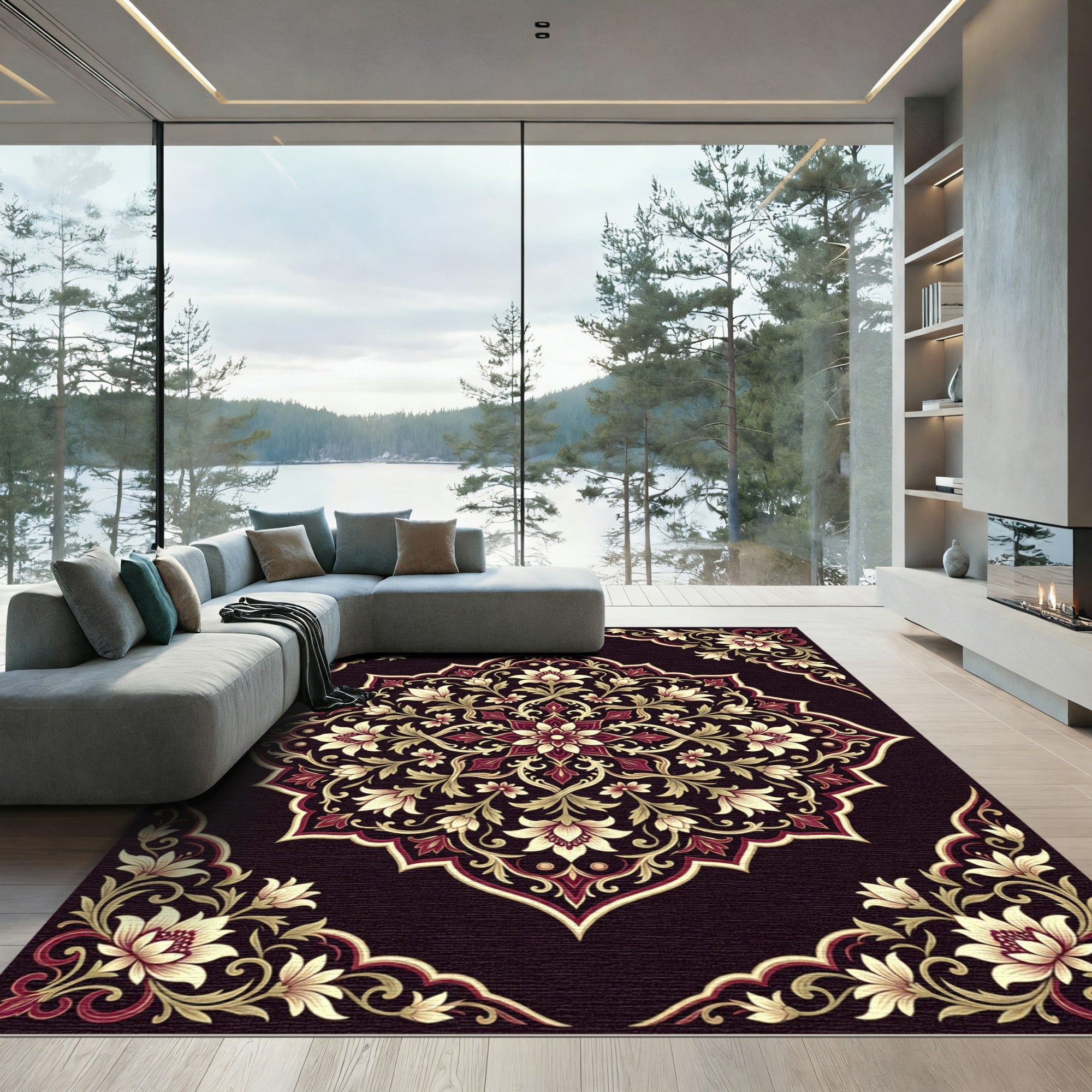 Cream Floral Medallion on Burgundy Background Rug