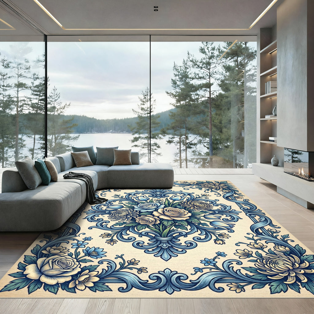 Cream Blue Floral Damask Scroll Rug