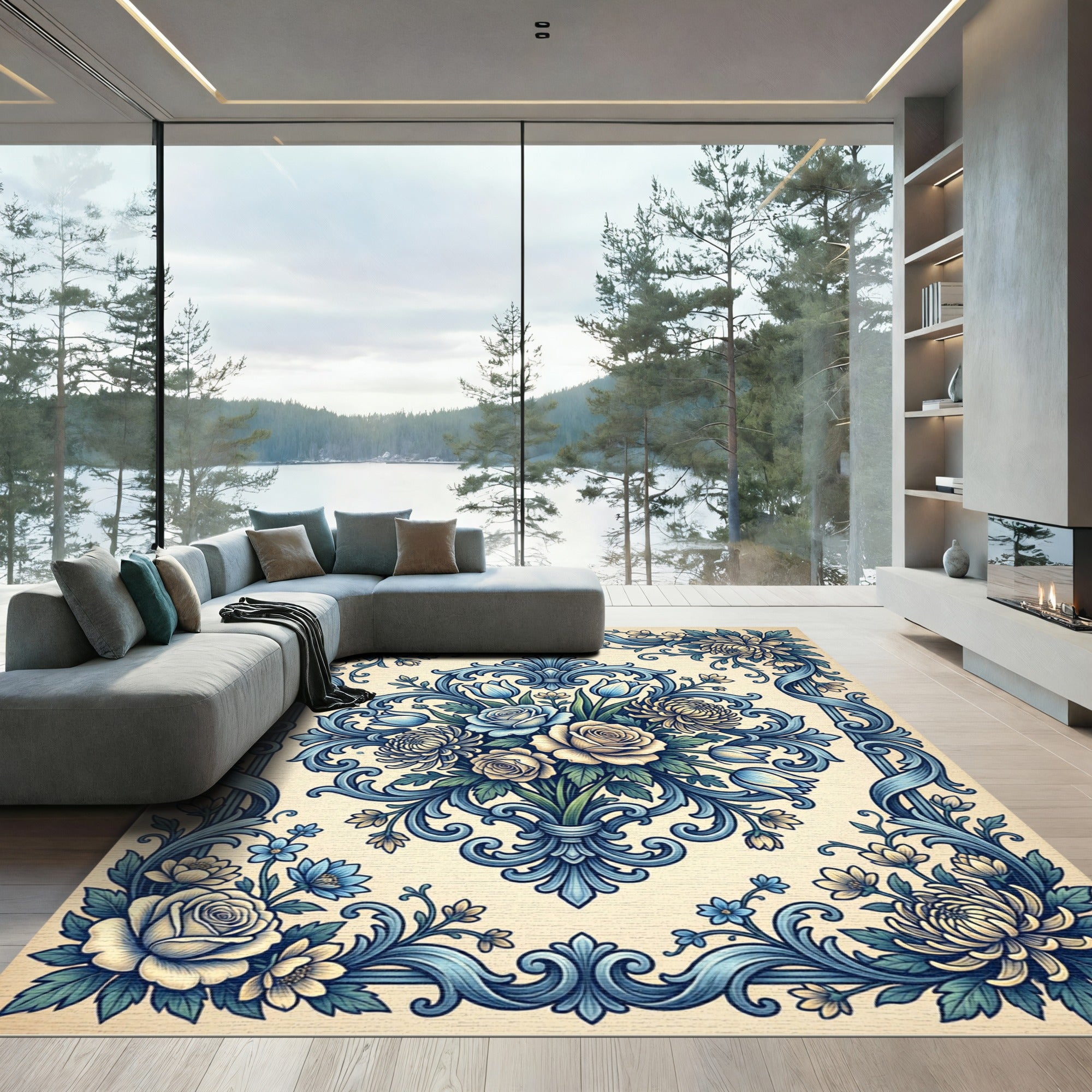 Cream Blue Floral Damask Scroll Rug