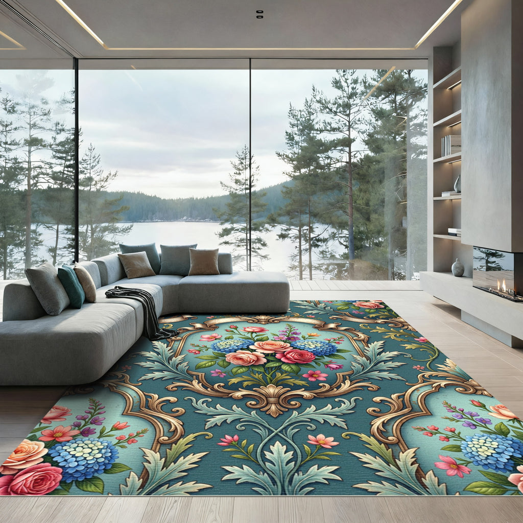 Ornate Baroque Blue Rose Bouquet Rug