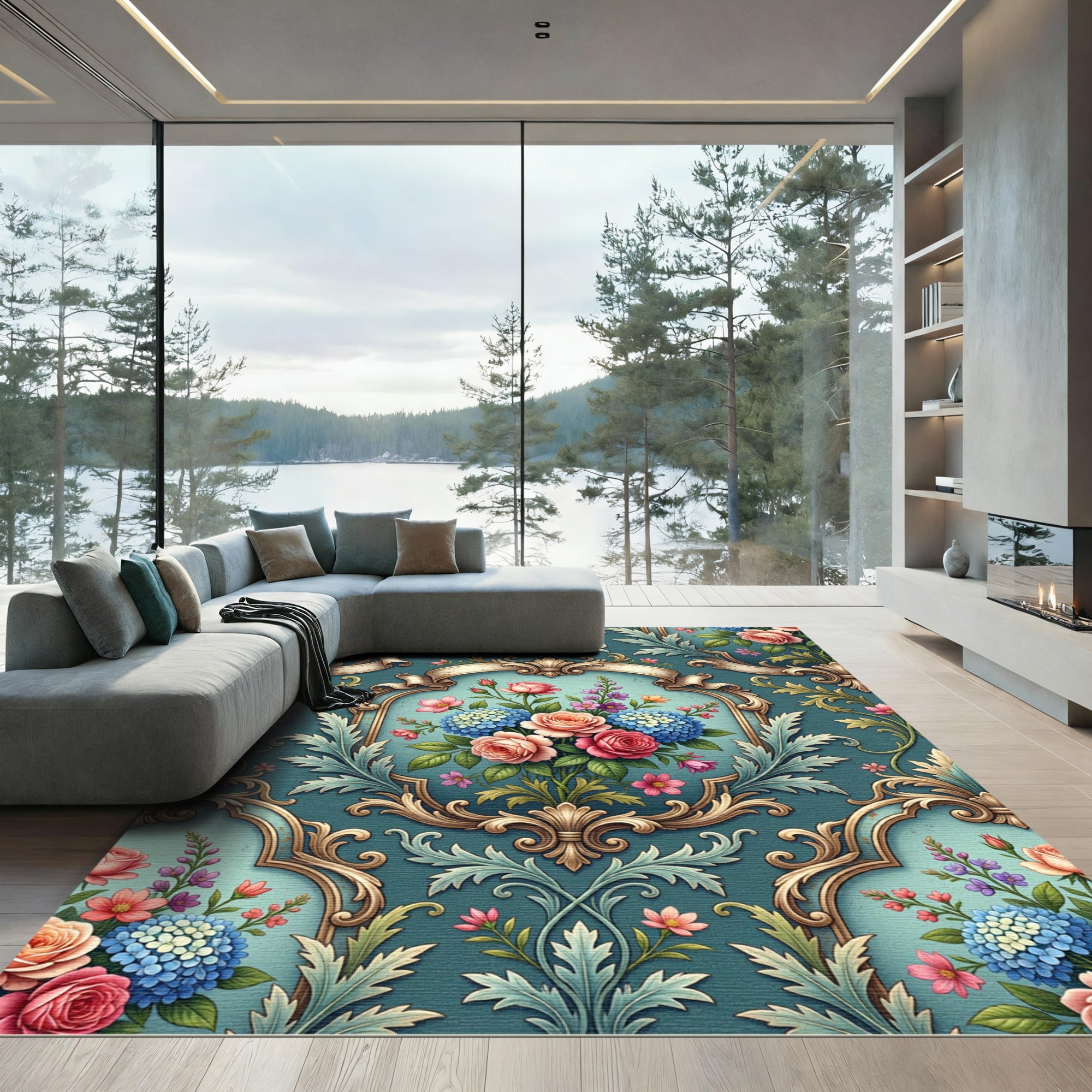 Ornate Baroque Blue Rose Bouquet Rug