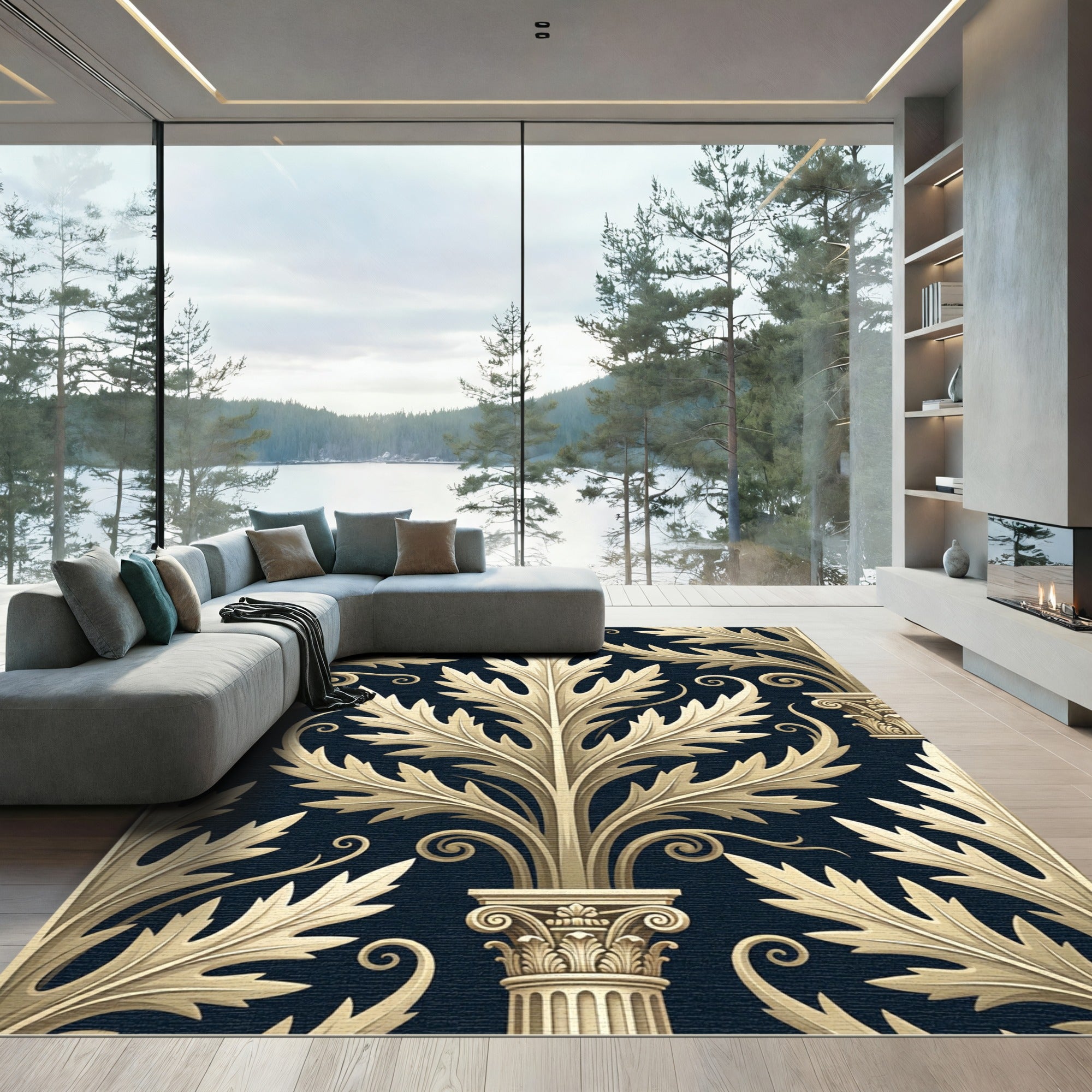 Ornate Golden Acanthus Leaf Composition Rug
