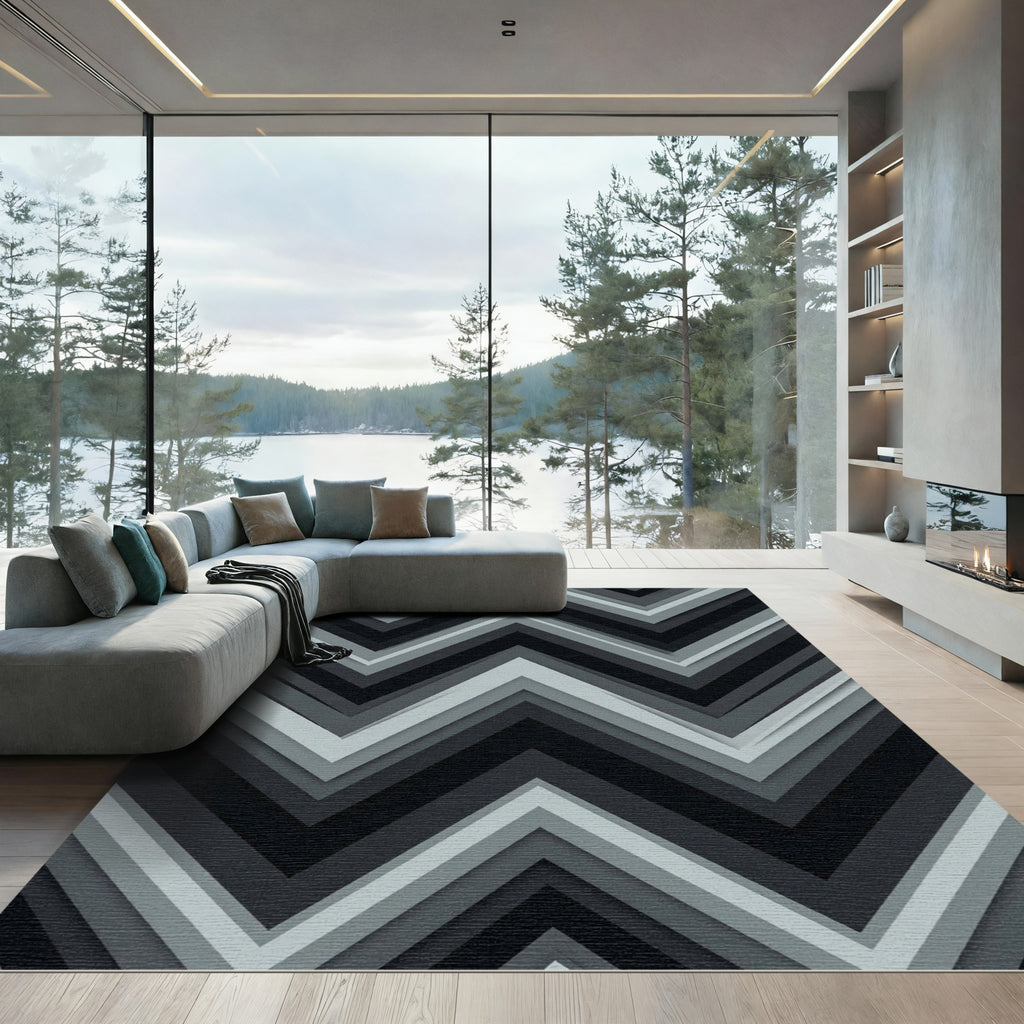 Monochrome Gray Geometric Chevron Wave Rug
