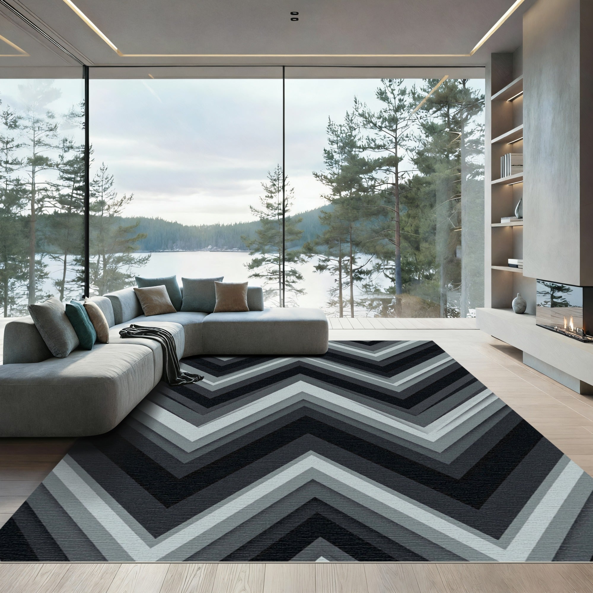 Monochrome Gray Geometric Chevron Wave Rug