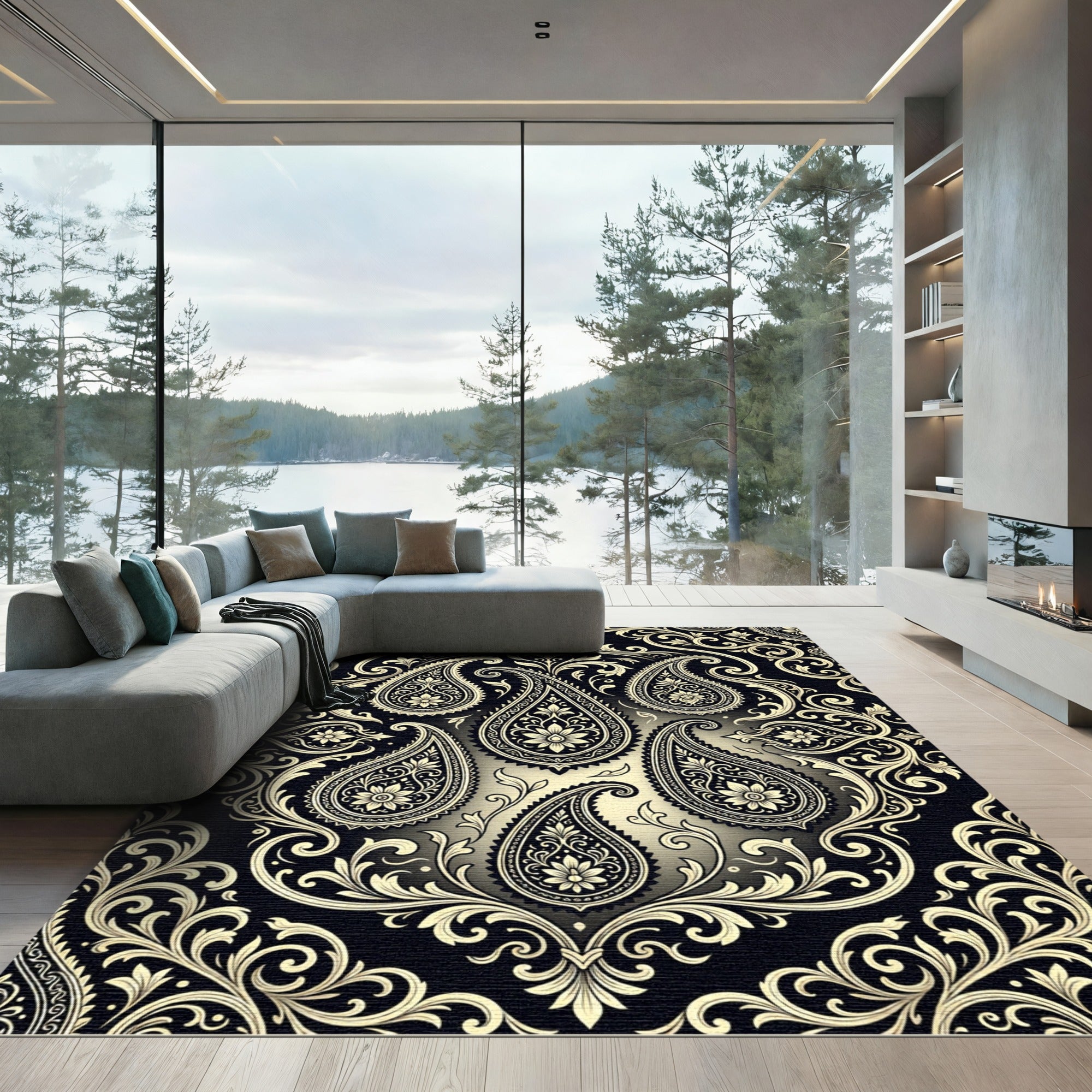 Black and Gold Paisley Floral Swirl Rug