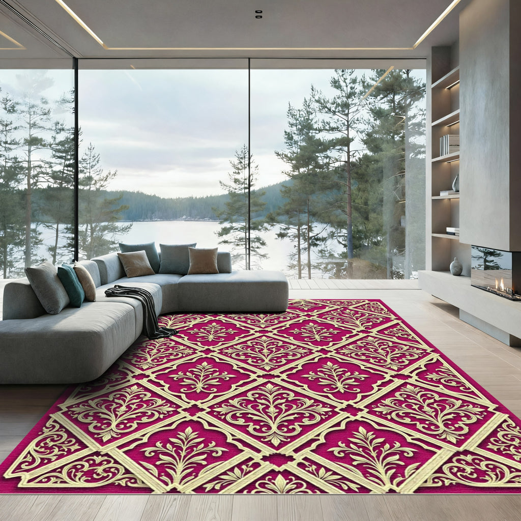 Elegant Crimson Gold Lattice Damask Rug