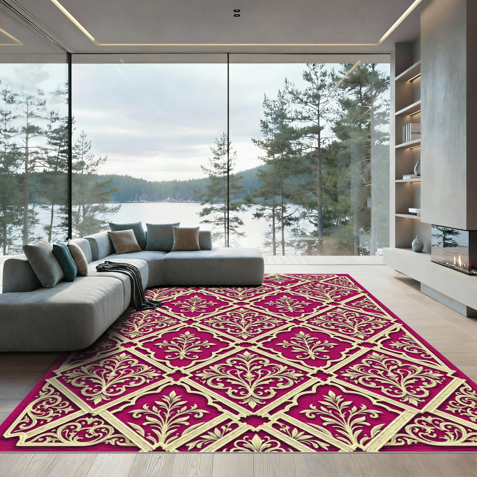Elegant Crimson Gold Lattice Damask Rug