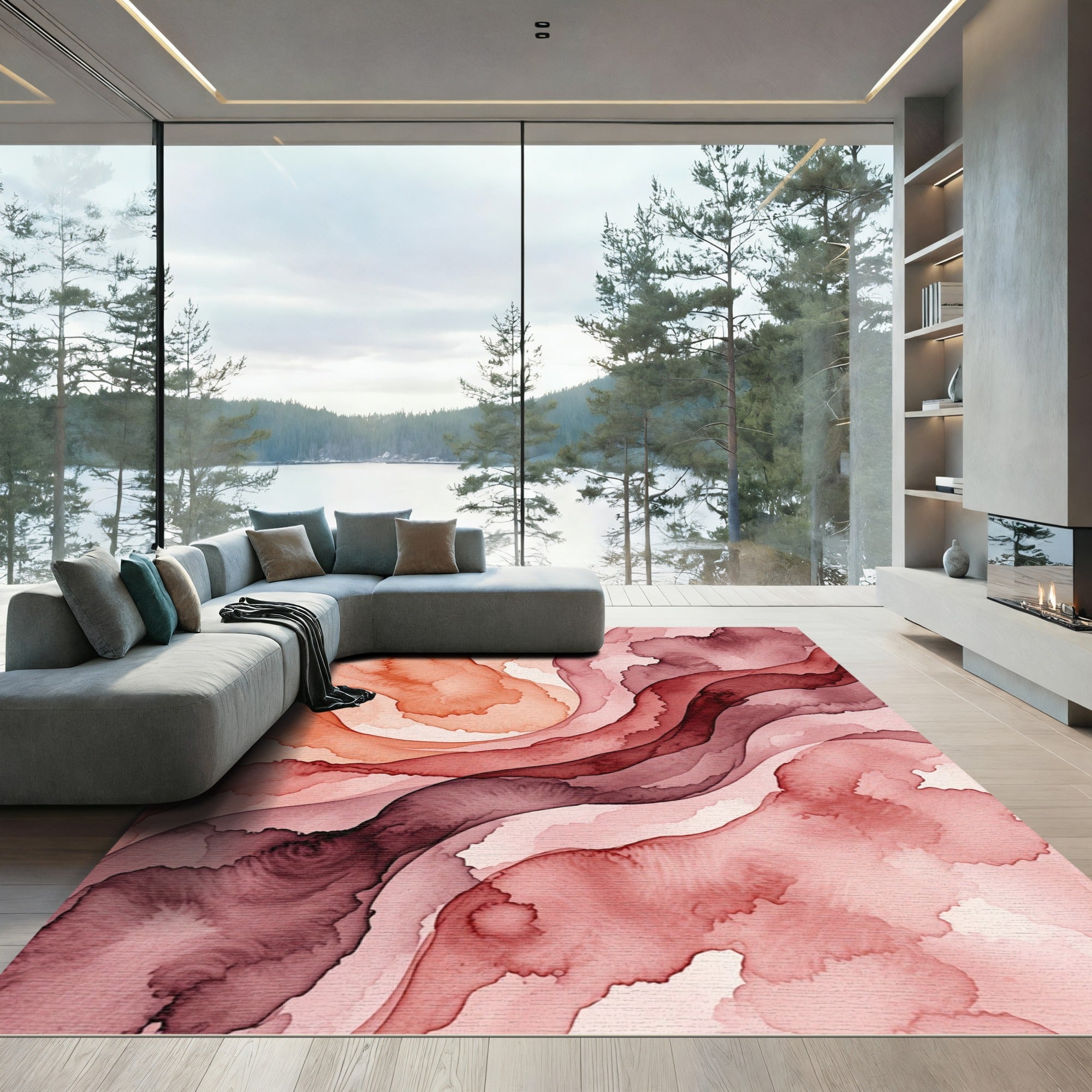 Abstract Amber and Crimson Fluid Wave Rug