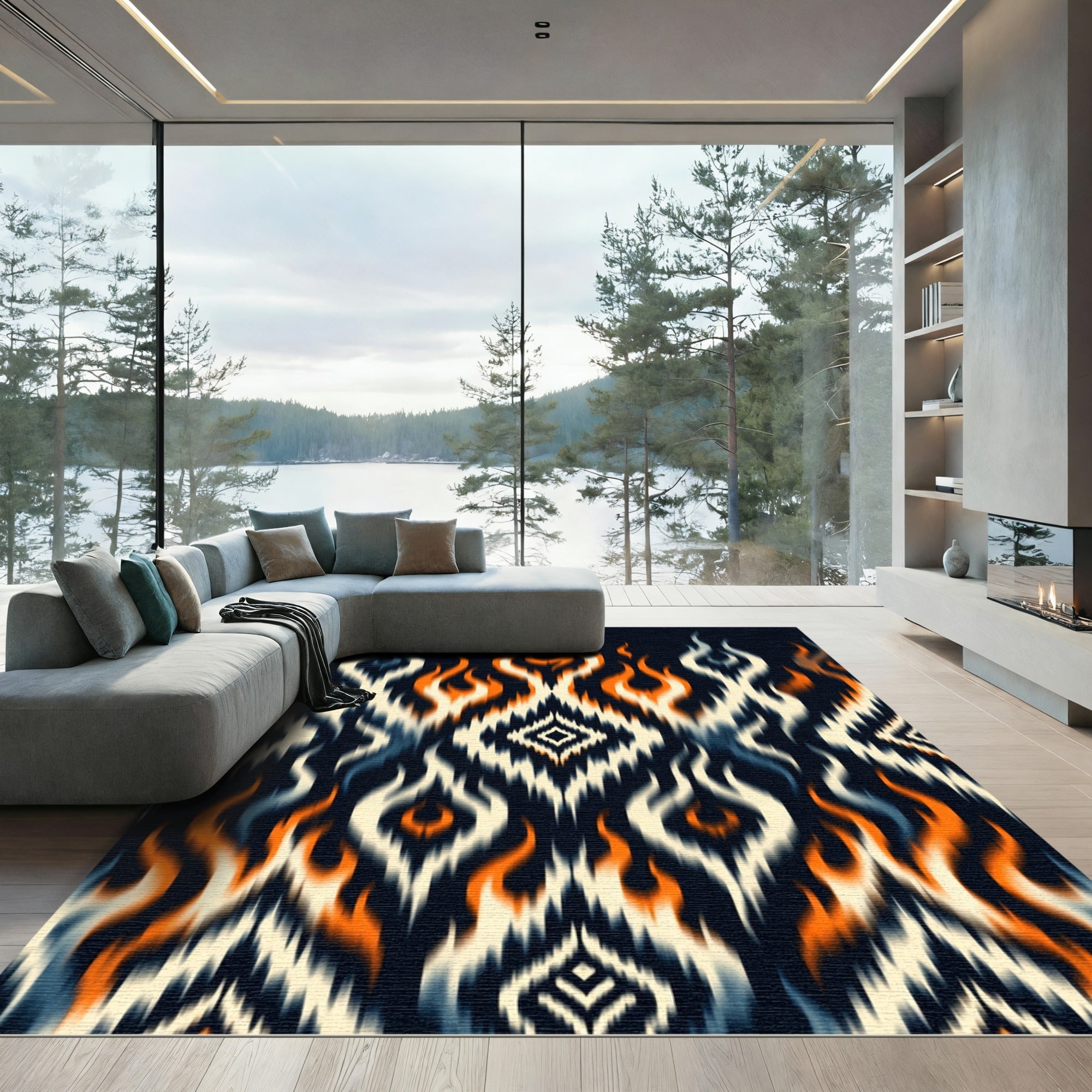 Fiery Orange Black Ikat Diamond Flame Rug