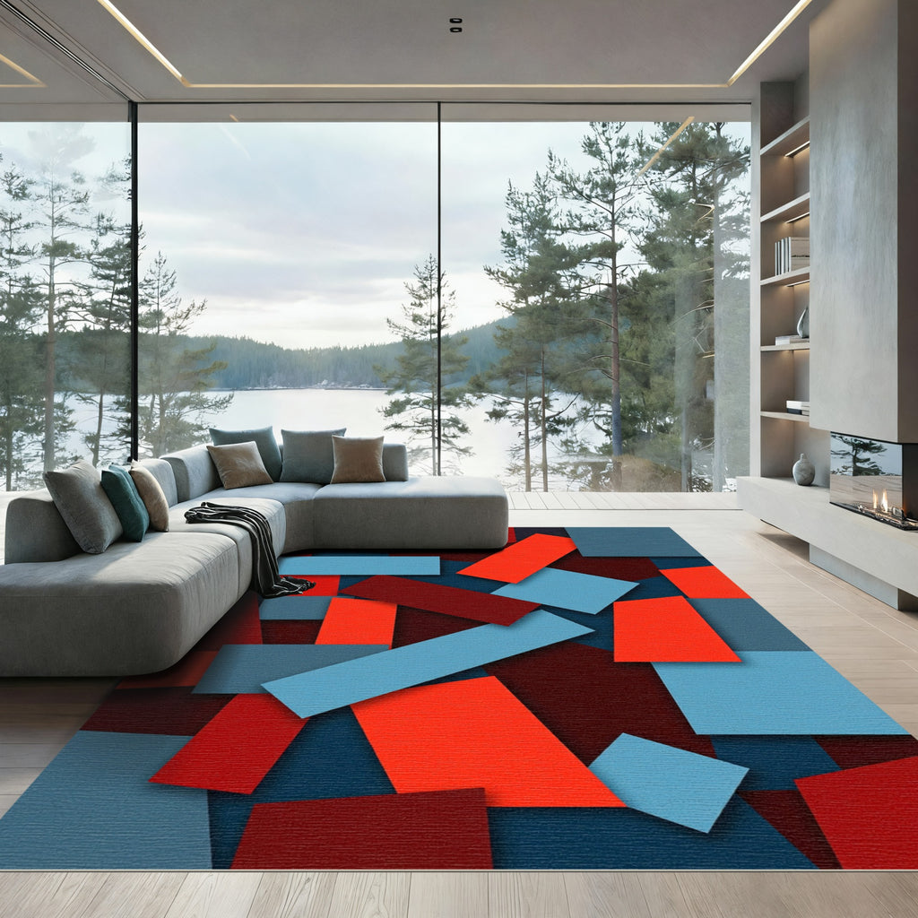 Modern Blue Red Geometric Montage Rug