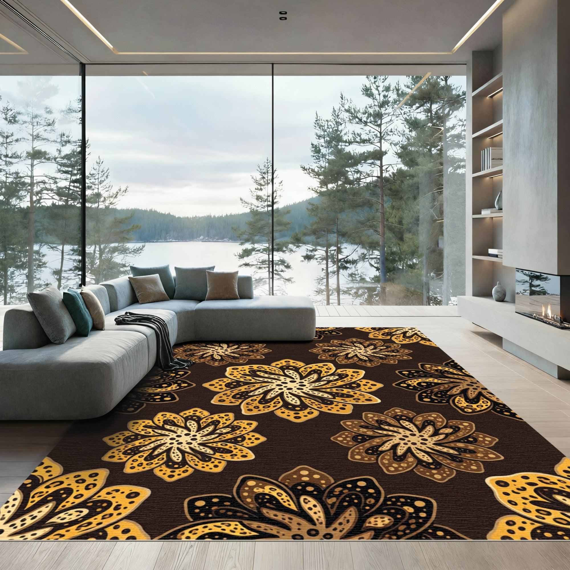 Golden Chocolate Floral Petal Rug