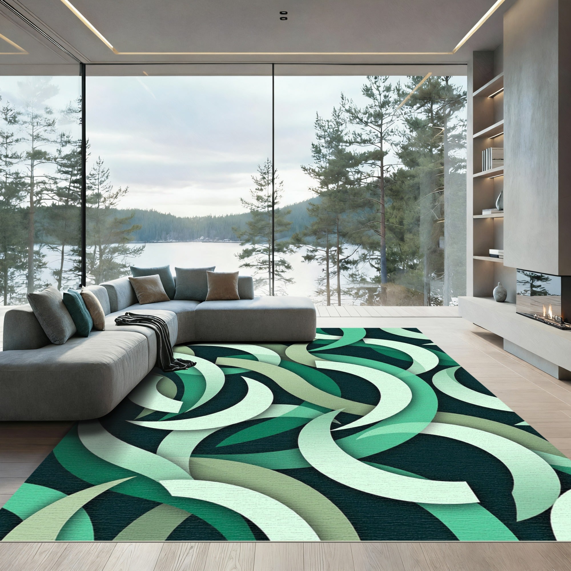 Modern Mint Green Abstract Arched Swirls Rug