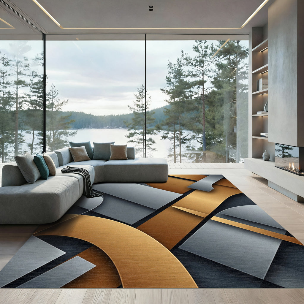 Modern Gold and Slate Geometric Abstract Rug