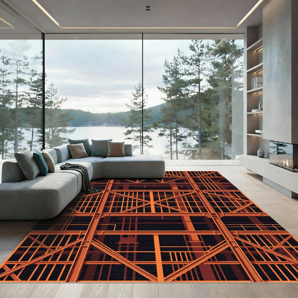 Orange Industrial Geometric Steel Structure Rug