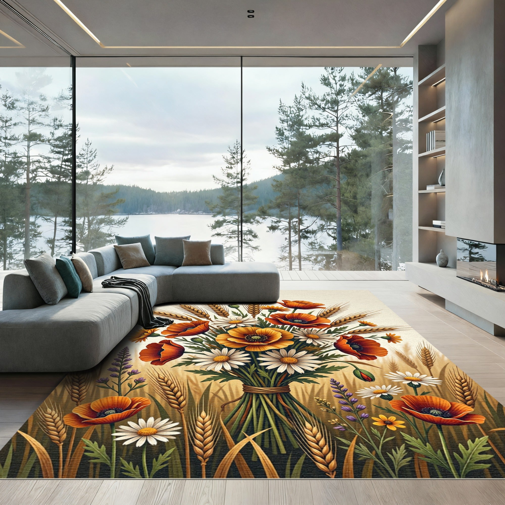 Golden Poppy and Wheat Floral Bouquet Rug