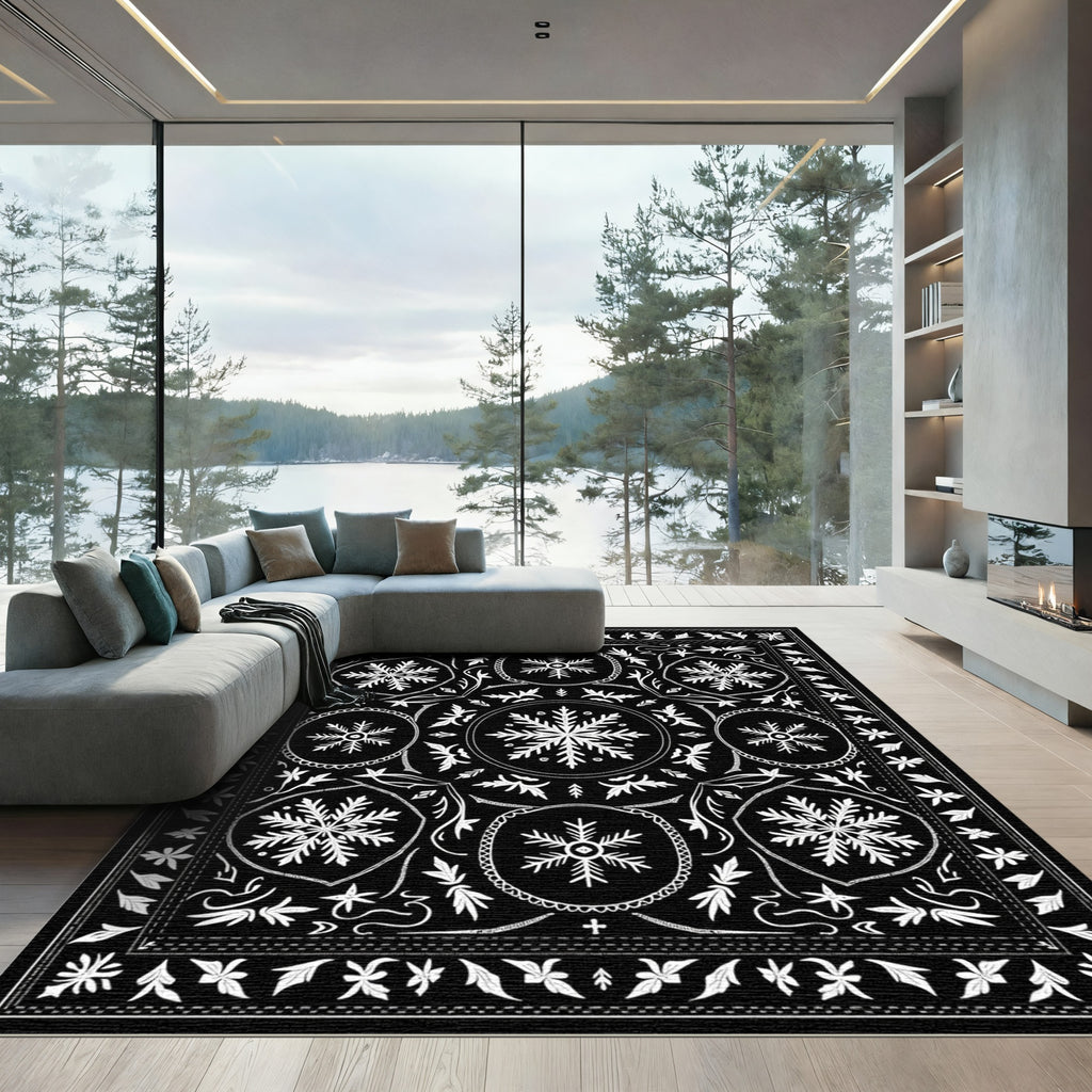 Black White Snowflake Medallion Art Rug