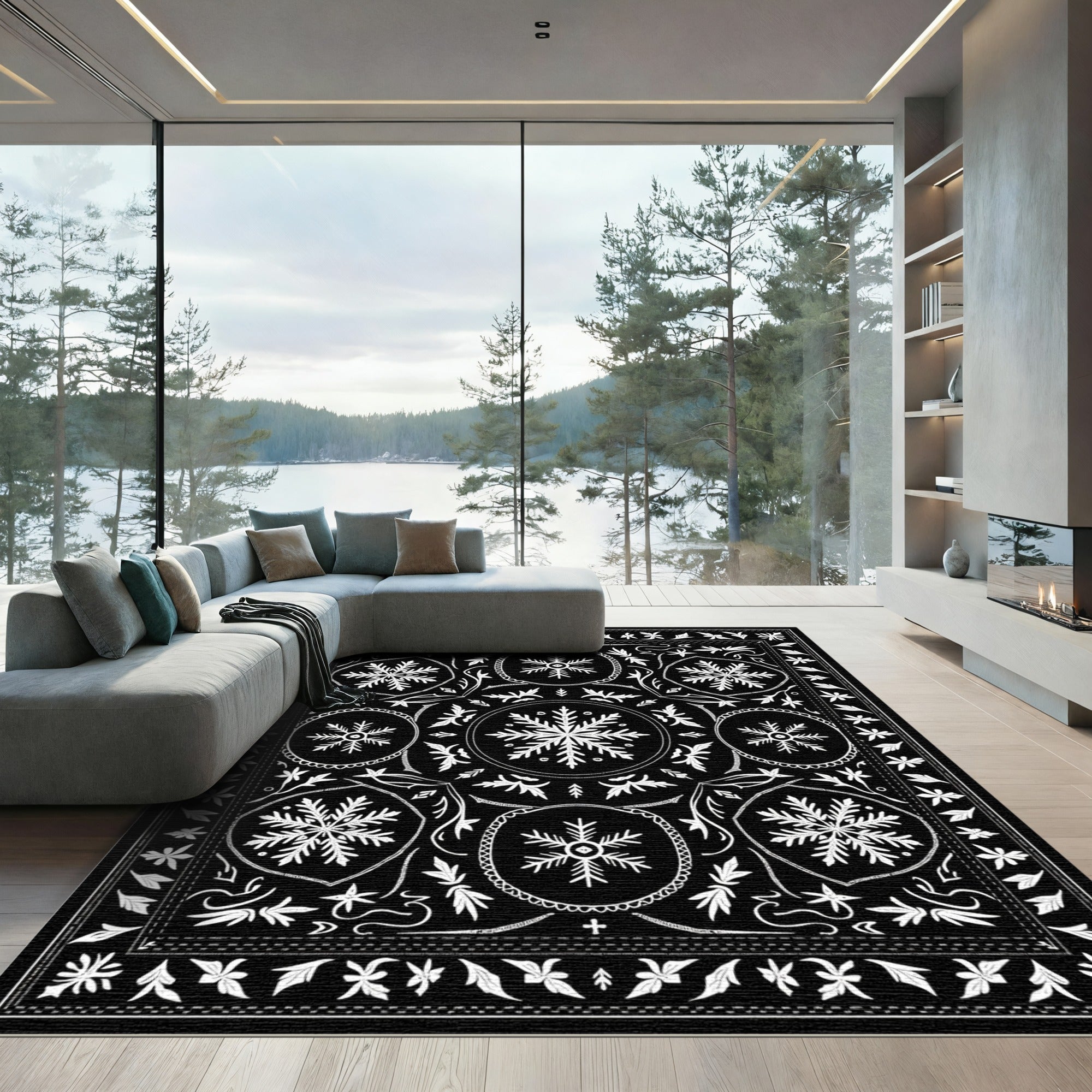 Black White Snowflake Medallion Art Rug