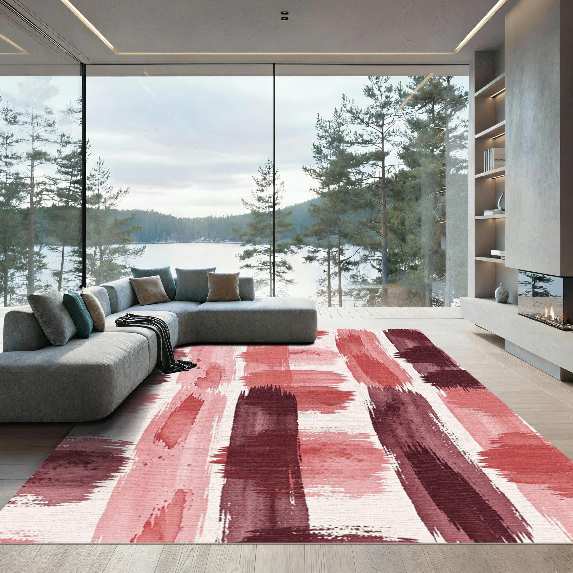 Crimson Strokes Abstract Vertical Rug