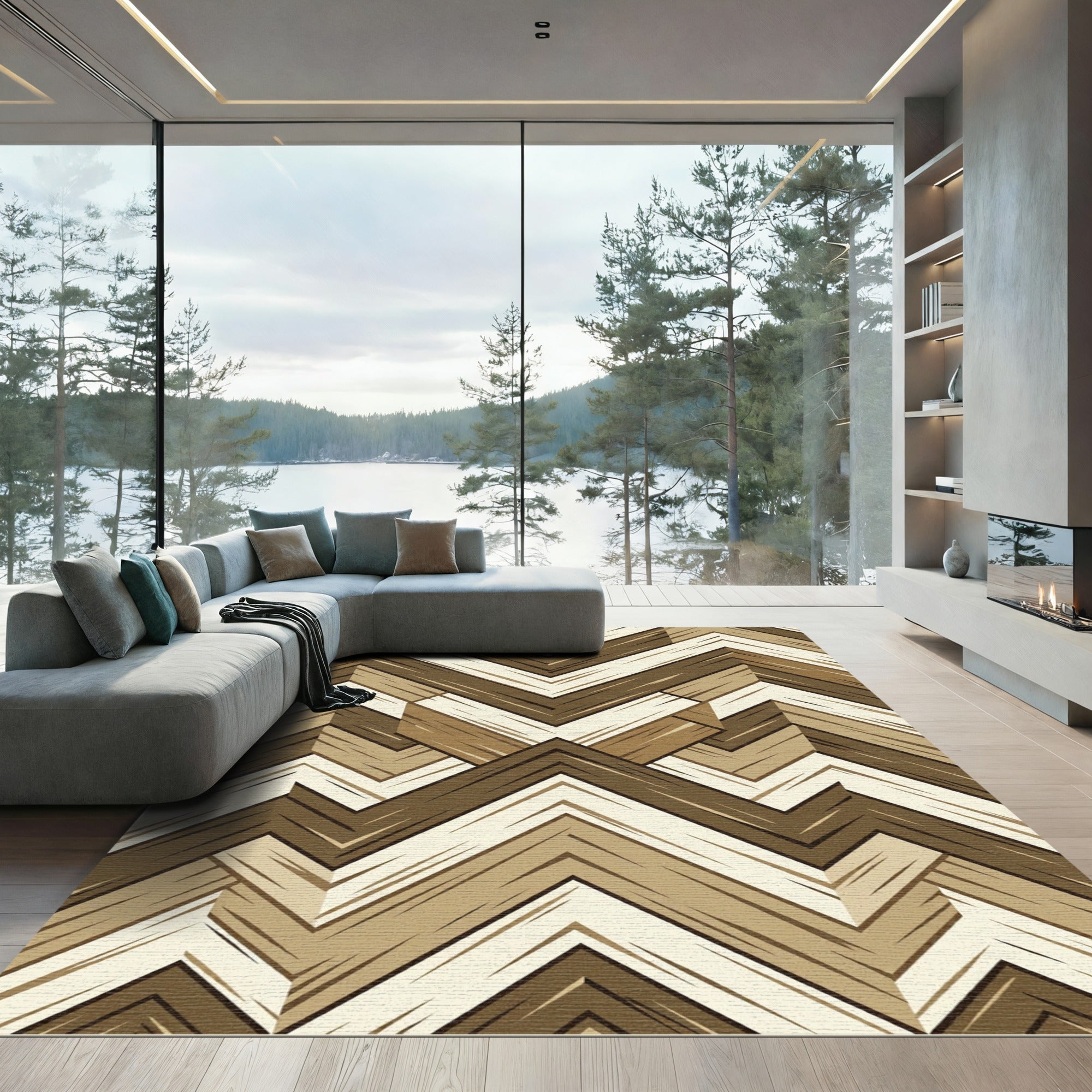 Geometric Chevron Wood Grain Neutral Area Rug