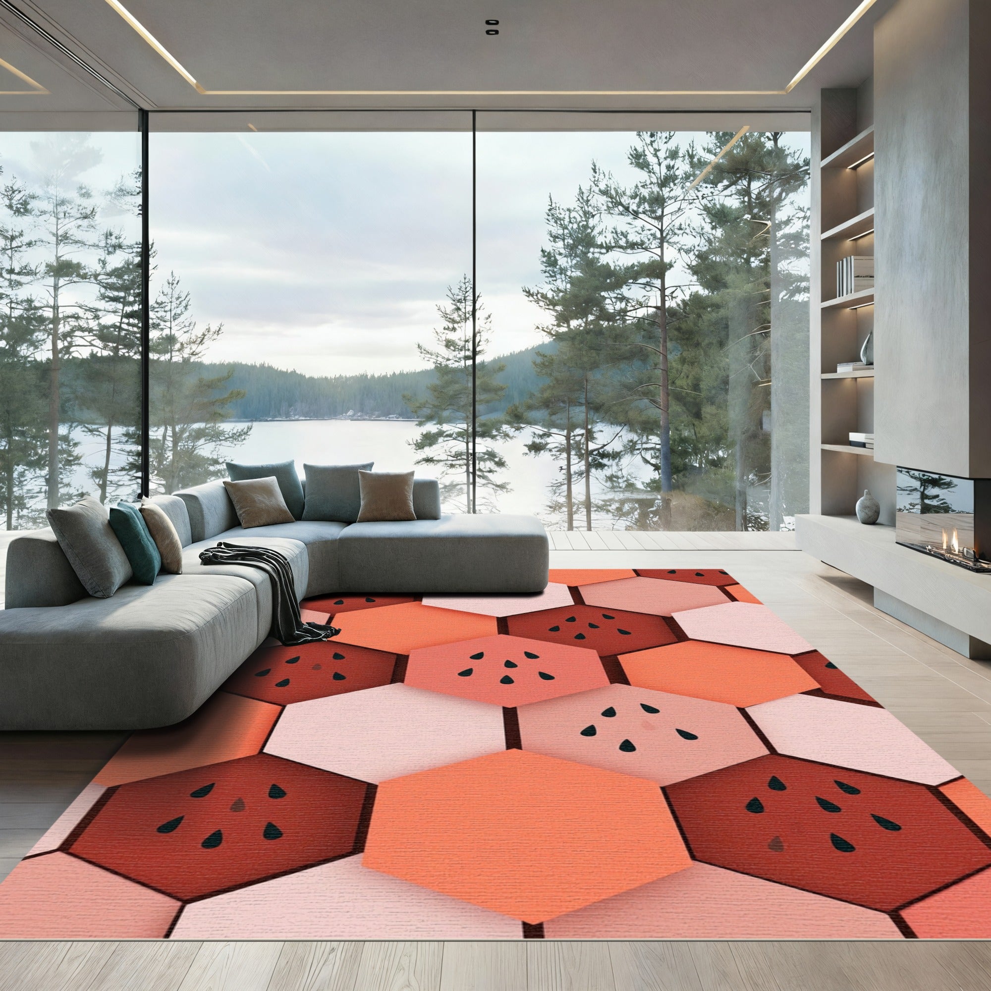 Coral Hexagons Watermelon Seeds Rug
