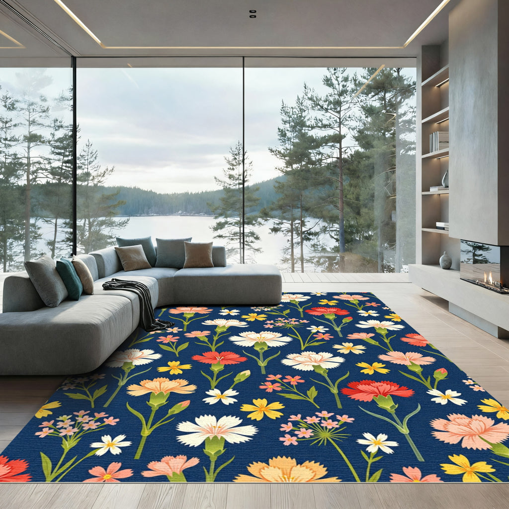 Navy Blue Floral Garden Meadow Rug